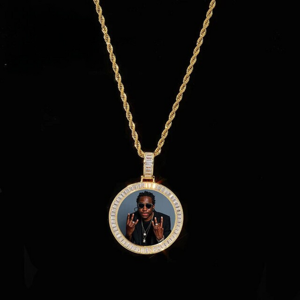 Baguette Round Frame Photo Pendant