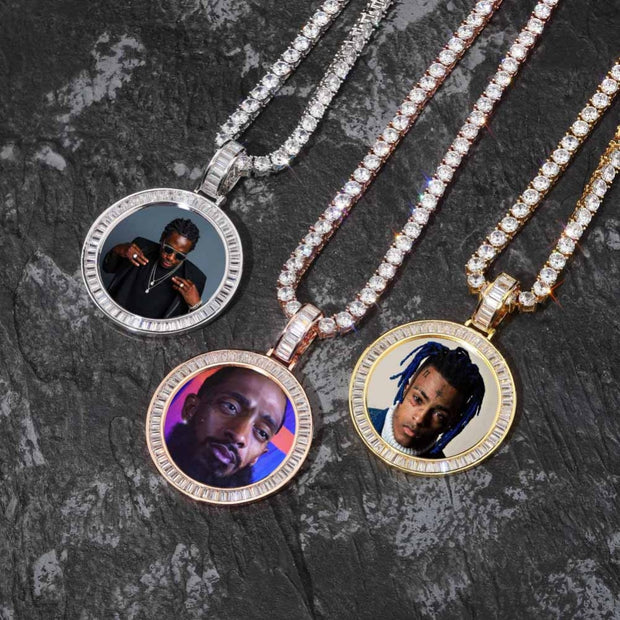 Baguette Round Frame Photo Pendant