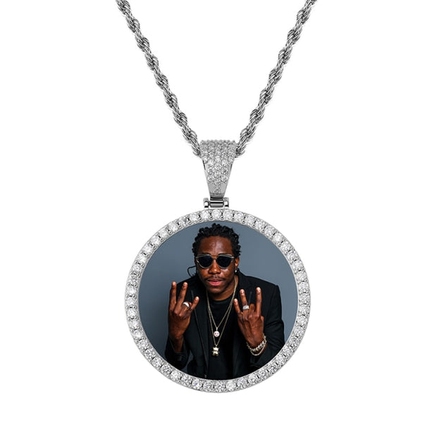 Diamond Frame Round Photo Pendant Chain